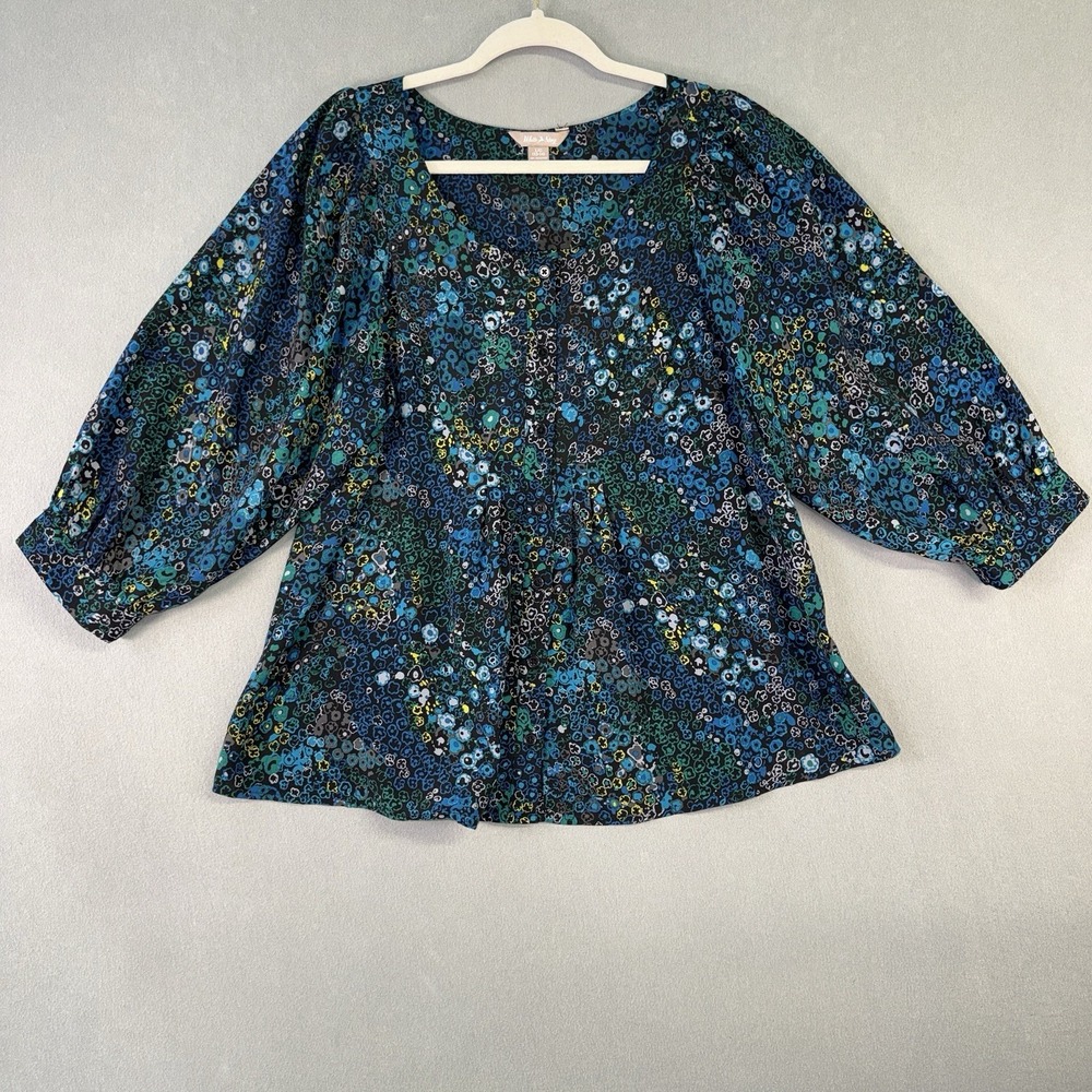 Women's White Stag 3/4 Sleeve Peasant Button Up Blouse Green/Blue Floral Size L